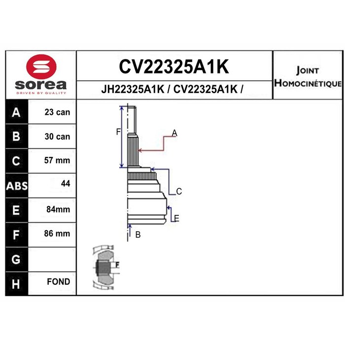 TETE CARDAN +ABS REN MEGANE I CLIO II KANGOO 1.5DCI CR23/CB30 — SOREA SE22325A1K